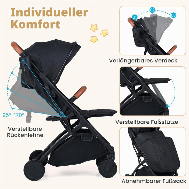 COSTWAY Kinderwagen klappbar mit Regenschutz, Reisebuggy mit verstellbarem Rückenlehne, Fussstütze,