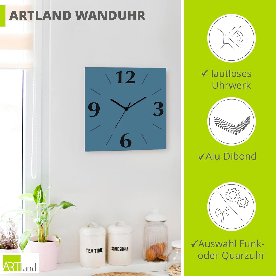 ARTLAND Wanddeko Wanduhr ohne Tickgeräusche Alu Quarzuhr 30x30 cm Quadratisch Lautlos 4 Ziffern Farb