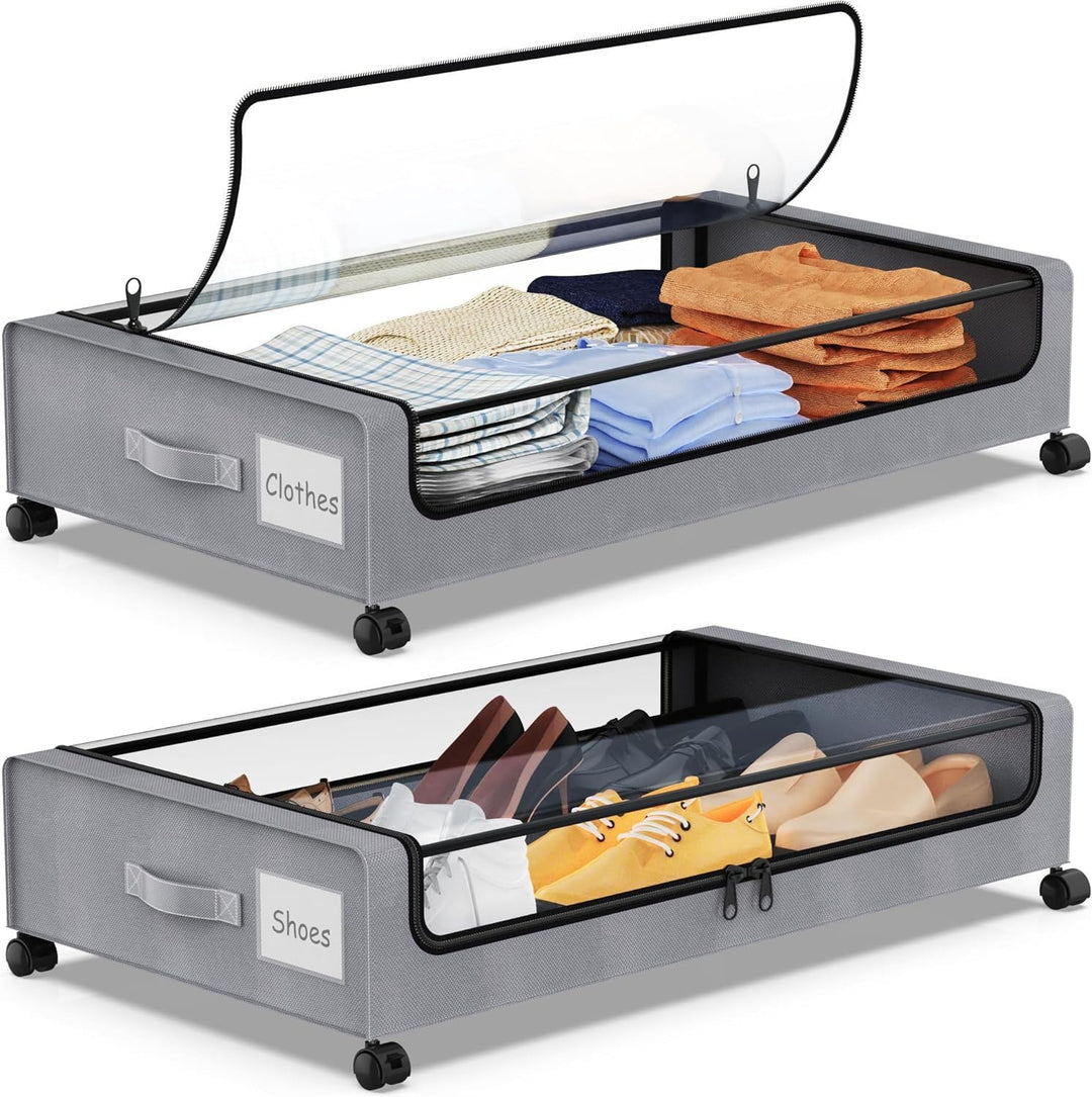 2 Stück Unterbett Aufbewahrungsbox 50L Unterbettkommode mit Rollen Bettkasten Organizer mit PVC deck