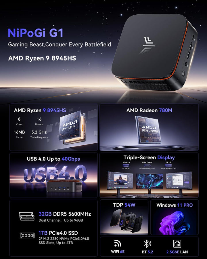 NiPoGi Gust G1 Mini Gaming PC W-11 Pro ΑΜD Ryzen 9 8945HS(8C/16T,Biz zu 5.2GHz) 16GB+16GB DDR5 5600M