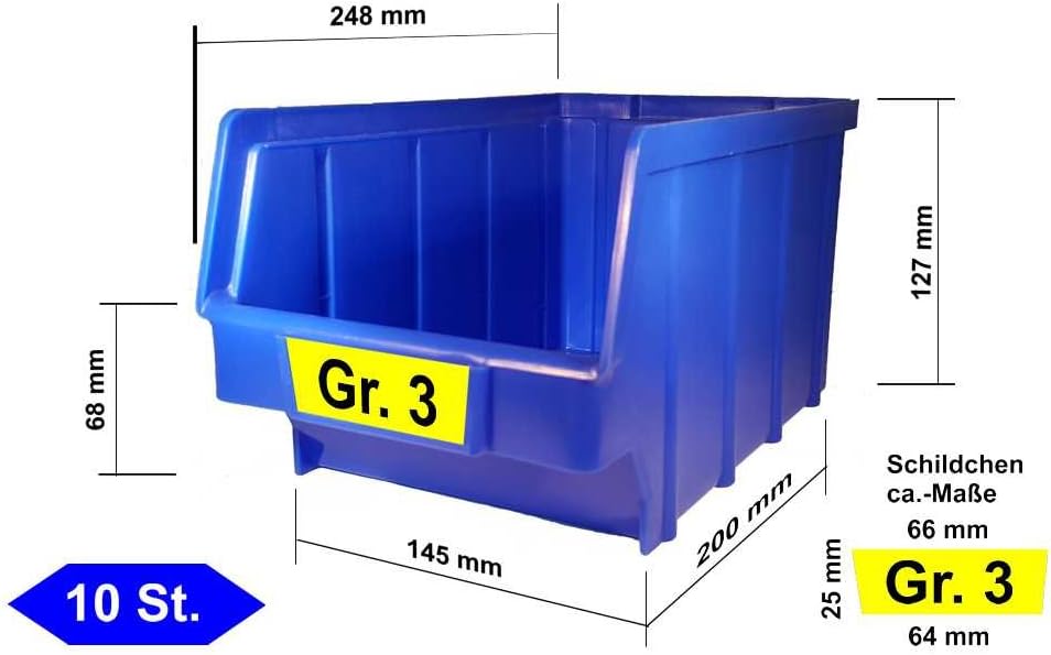 52 Stück Stapelboxen blau Gr.3 (145x248x127 mm) Kunststoff PP Sichtlagerkästen Stapelkästen ohne Auf