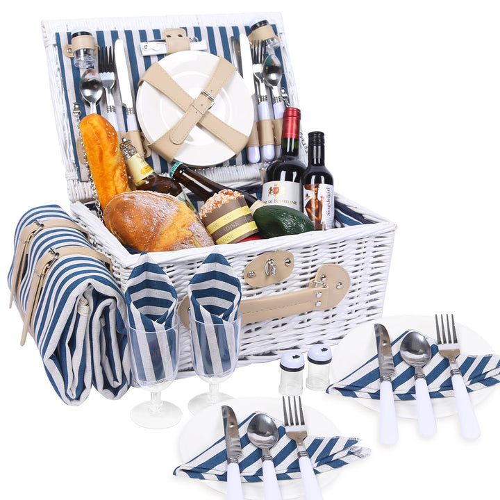 Picknickkorb Set für 4 Person mit Kühlfach und wasserdichte Picknickdecke, Abnehmbarer Riemen, Beste