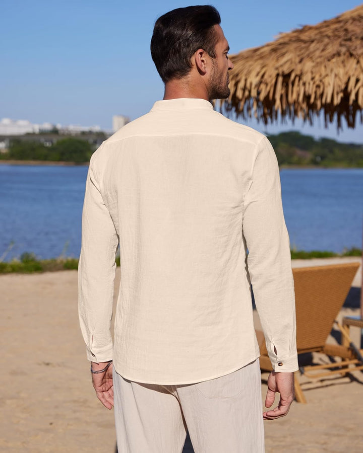 YAOBAOLE Herrenhemd, Leinen, Langarm, Sommer, Mao, lässig, Henley, Strandhemd, klassisch XL Kaki, XL