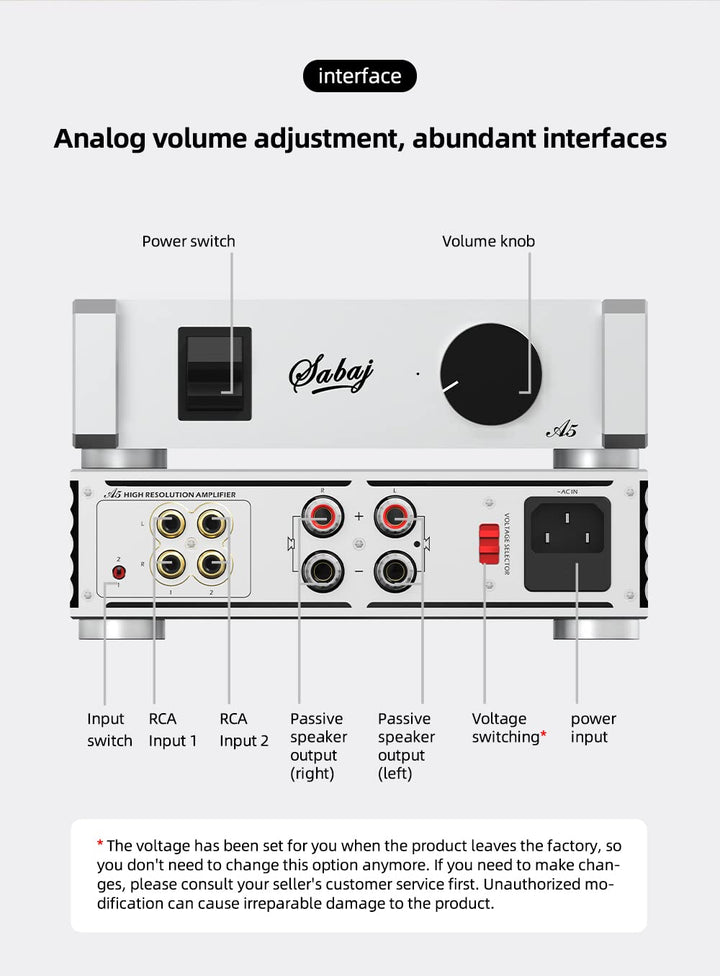 SABAJ A5 Leistungsverstärker mit zwei analogen Eingängen, ICEpower-Modul im Retro-Look, RCA*2-Eingan