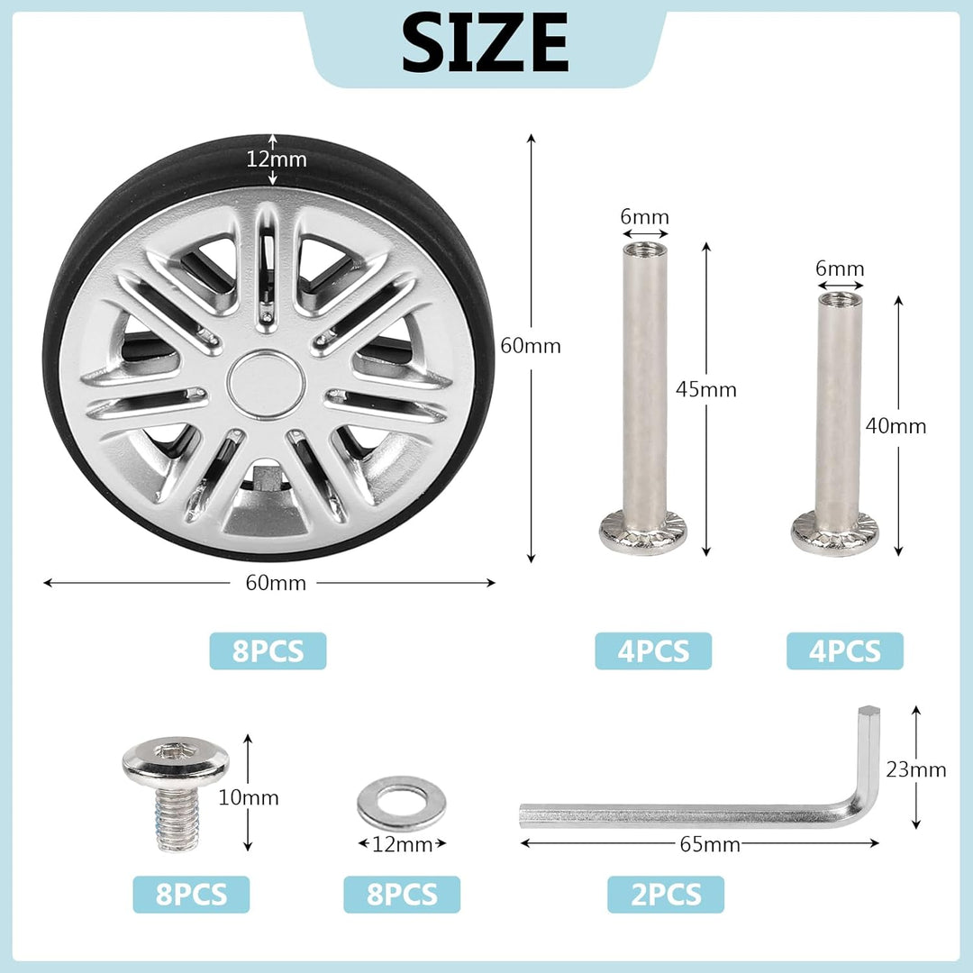 EXLECO 8 pcs Koffer Ersatzrollen 60mm x 12mm, Kofferrollen Ersatzrollen für Gepäck mit Doppelrollen,