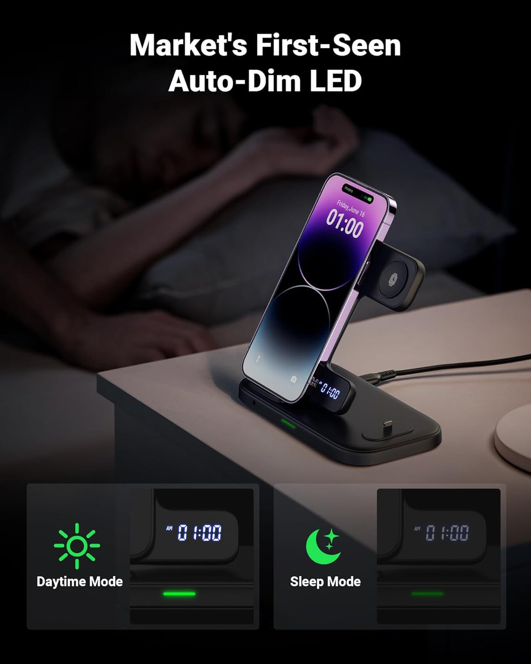 INIU 3 in 1 Kabelloses Ladegerät, Induktive Ladestation für Apple Watch und iPhone, Wireless Charger