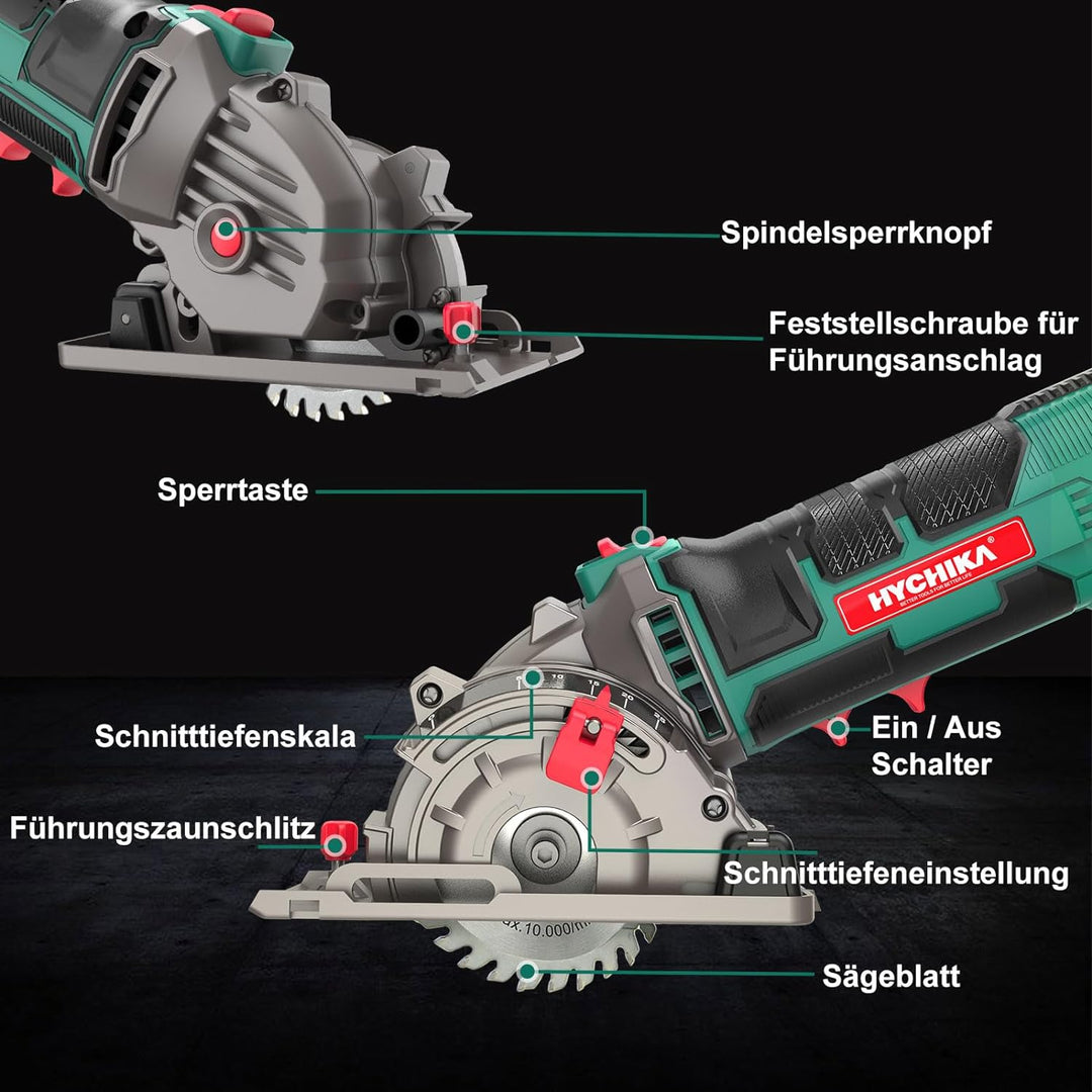 Mini Kreissäge, HYCHIKA Handkreissäge mit 3 Sägeblättern, Laserführung, Skalenlineal, 500W Motor aus