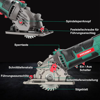 Mini Kreissäge, HYCHIKA Handkreissäge mit 3 Sägeblättern, Laserführung, Skalenlineal, 500W Motor aus