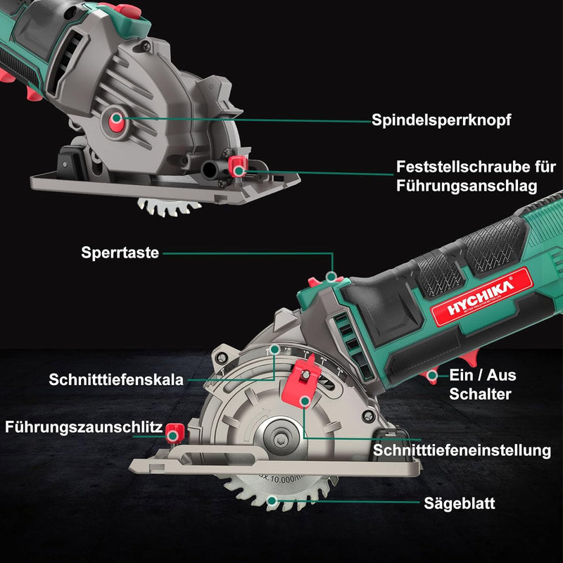 Mini Kreissäge, HYCHIKA Handkreissäge mit 3 Sägeblättern, Laserführung, Skalenlineal, 500W Motor aus