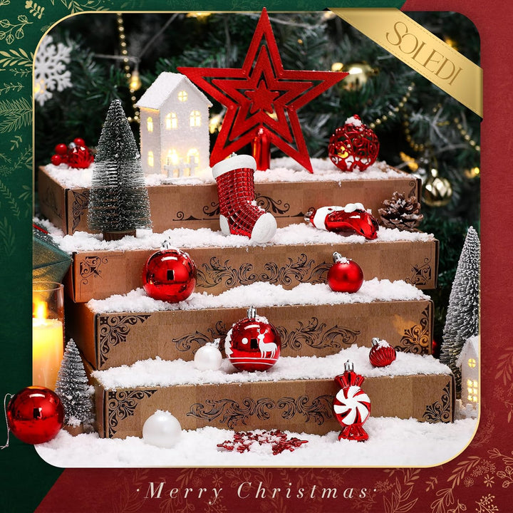 SOLEDI® 128er Set Premium Weihnachtskugeln Kunststoff Rot Weiss mit Baumspitze Stern - Robuste und S
