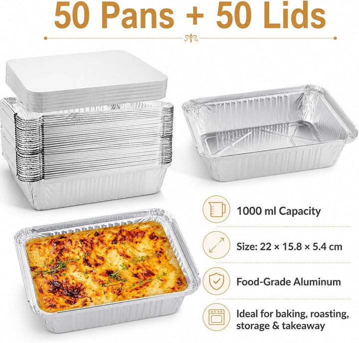 WOPPLXY 50 Stück Aluschalen mit Deckel, 1000ml Aluschalen Grill, 21,5 x 15 x 5cm Alu Grillschalen fü