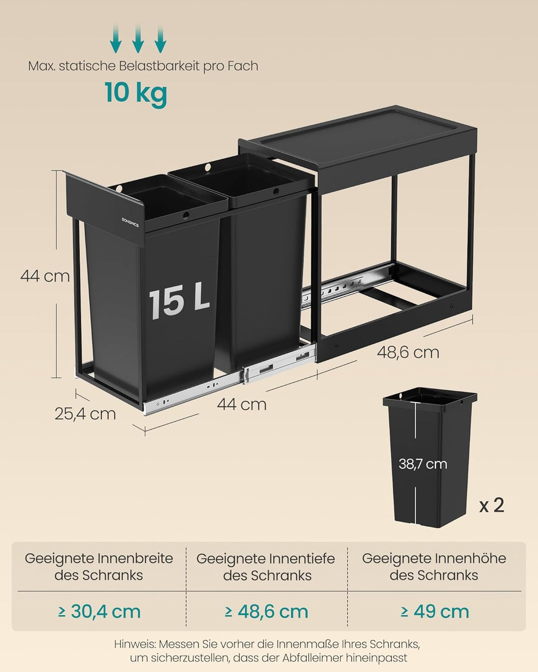 SONGMICS Mülleimer küche, Mülltrennsystem für Unterschrank, 2 x 15 L, Abfalleimer 2 Fächer, ausziehb
