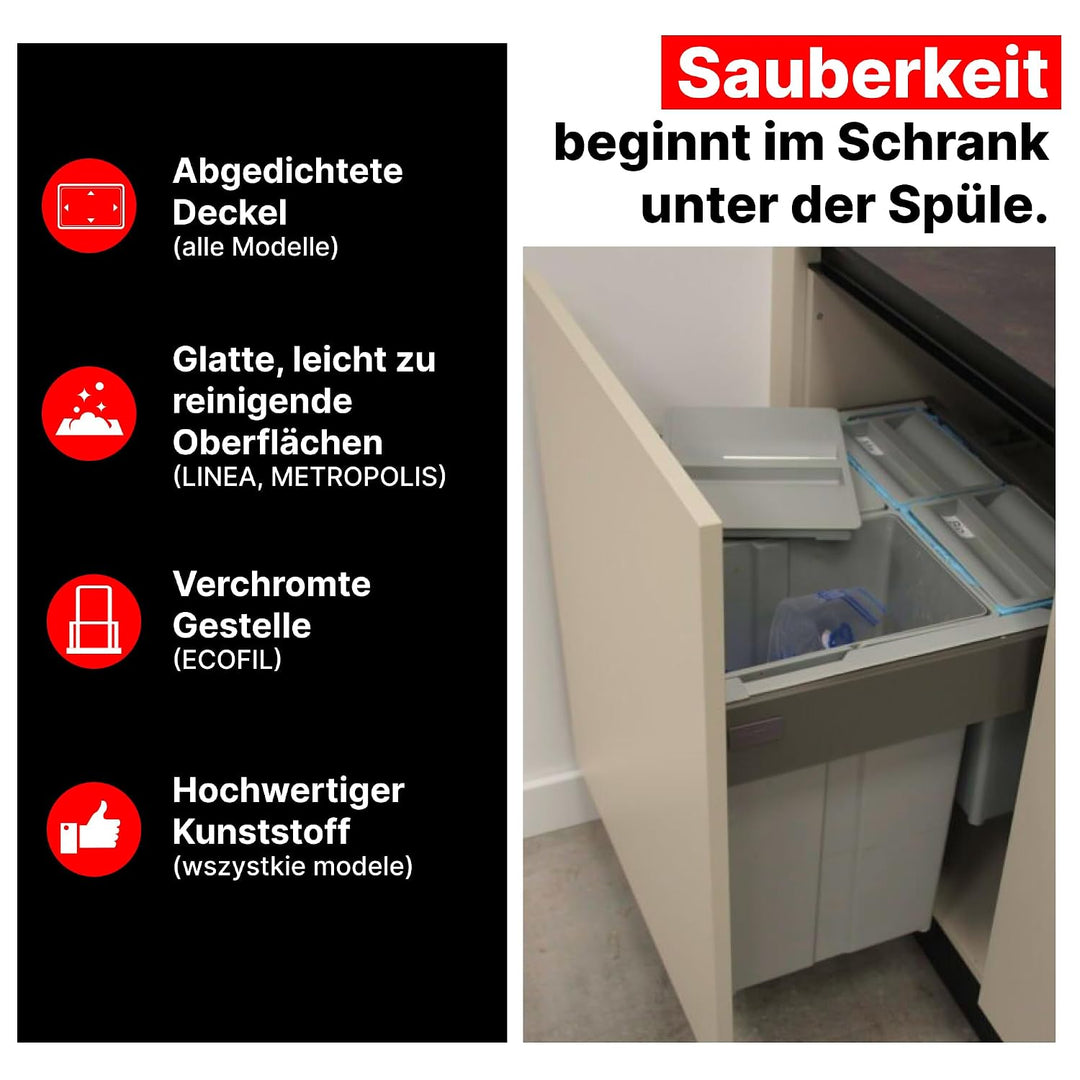 Mülltrennsystem 9 XL für 90 cm Schublade - Einbau-Mülleimer mit 3 Fächern (2x 20 L, 1x 9 L), Abfalle