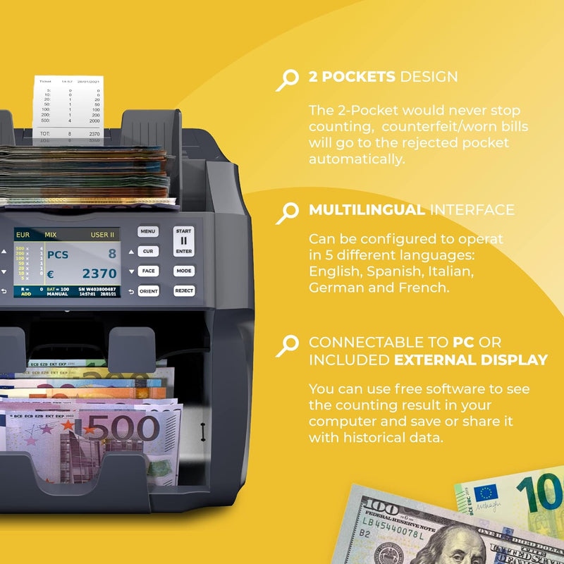 Detectalia V800 Banknotenzähler und Sortiergerät EUR, GBP, USD, CHF, MAD, Integrierter Thermodrucker