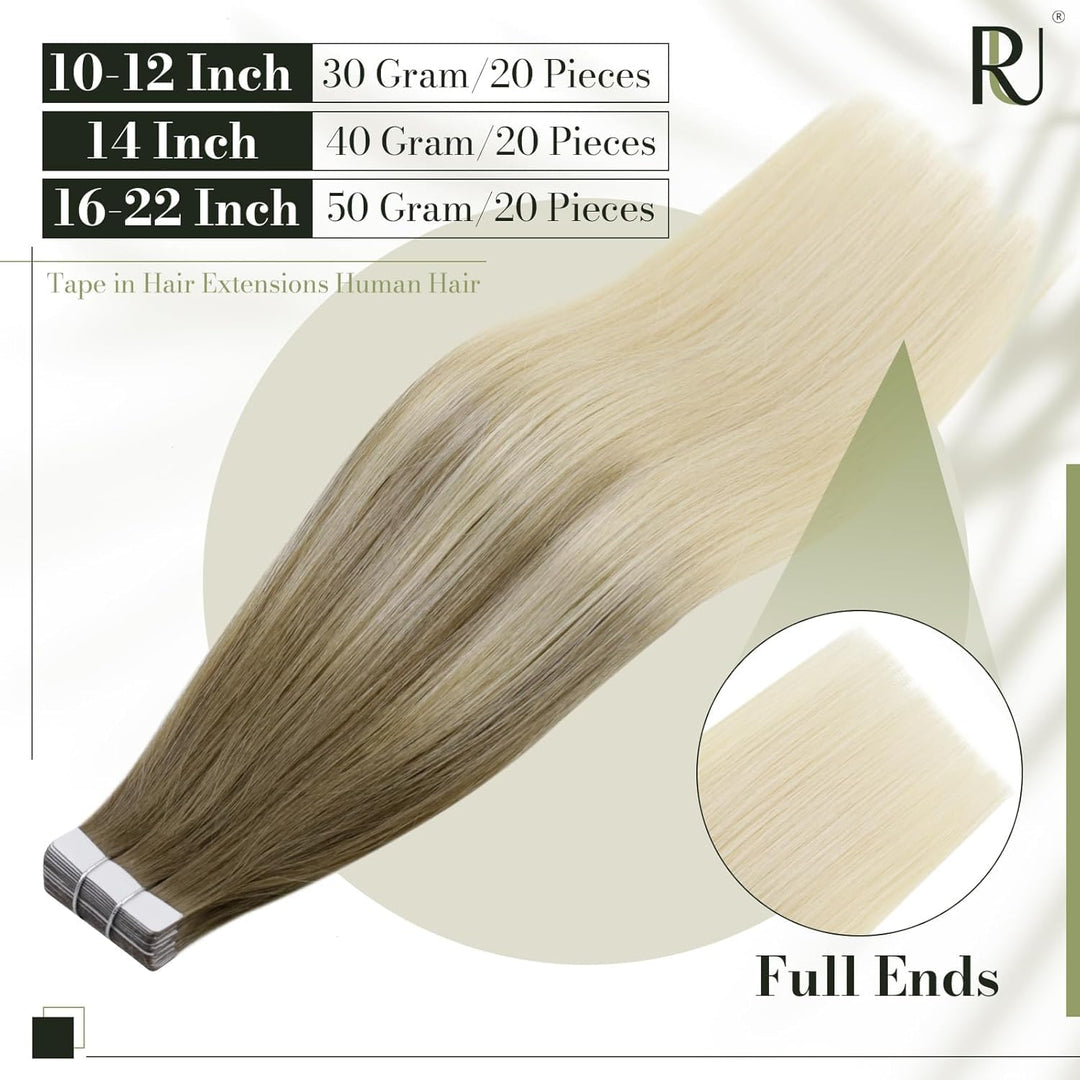 RUNATURE Tape Echthaar Extensions Blond Balayage 35cm Tape in Hair Extensions Human Hair Braun Ombre