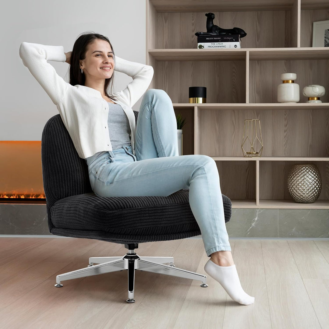 IWMH Bürostuhl ohne Armlehne, Sessel Wohnzimmer mit gekreuzten Beinen, Ergonomischer Drehstuhl mit E