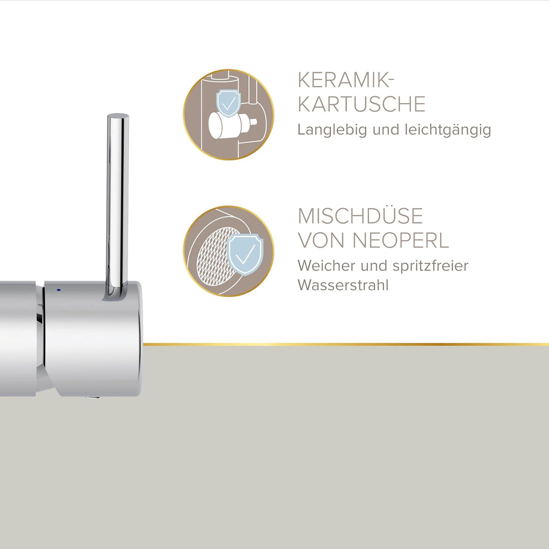 Lenz Niederdruck Waschtischarmatur Bow² in Chrom – 360° schwenkbarer Bogenauslauf – Mit EasyClean Po