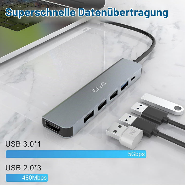 USB C Hub, JESWO 6 in 1 USB C Adapter mit 4K HDMI, 1 USB 3.0, 3 USB 2.0 und 100W PD kompatibel mit M