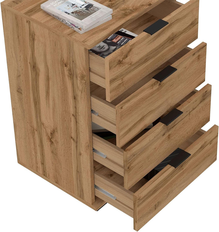 CARO-Möbel Nachttisch Piano Wotan Eiche, Nachtkommode für Boxspringbetten, Nachtschrank mit 4 Schubl