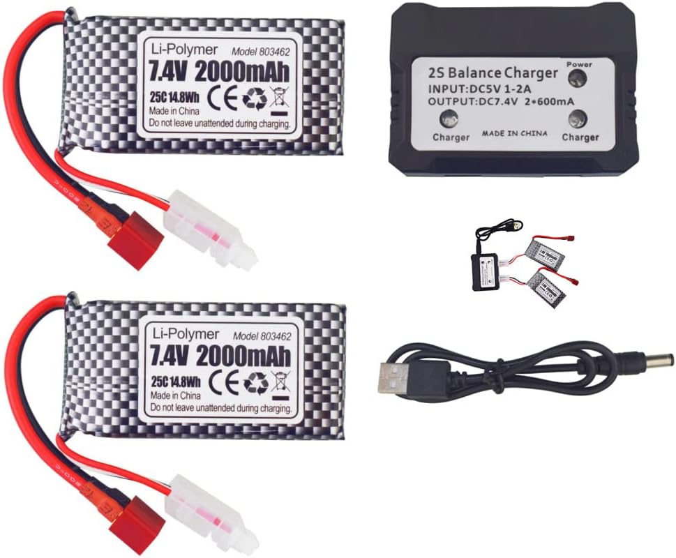 2PCS 7,4V 2000mAh T-Stecker Lithium-Akku + 2-in-1-Ladegerät für 9200 9200E HB101 200E 9202E 9203E 92