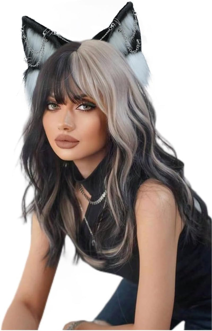 VIGVAN Handgemachte Wolf Fuchs Ohren Cosplay Kopf Zubehör Kawaii Haarband (Kette Schwarz Weiss), Ket