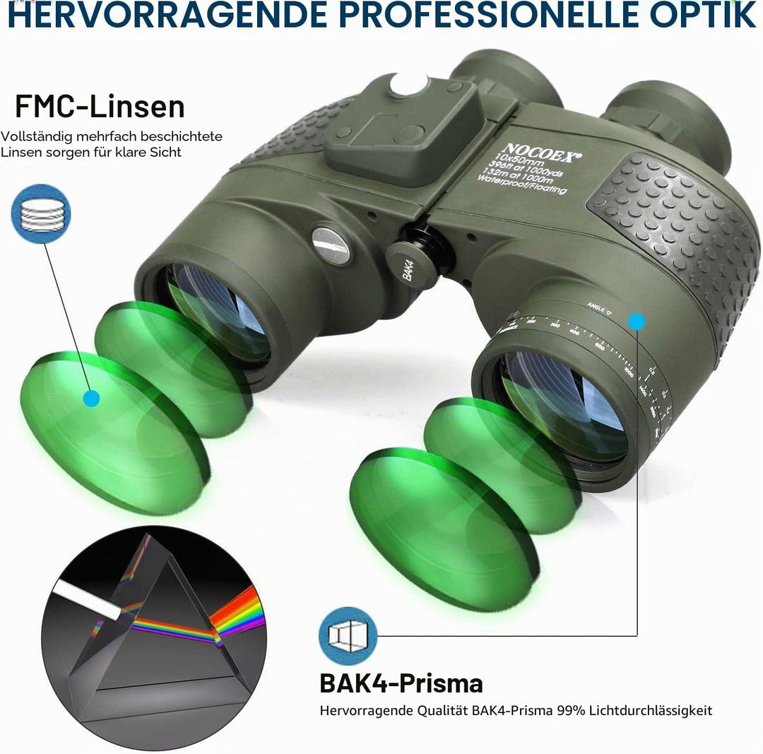 NOCOEX 10x50 Marine Fernglas,Fernglas mit Nachtsicht Entfernungsmesser und Kompass，wasserdichte Funk