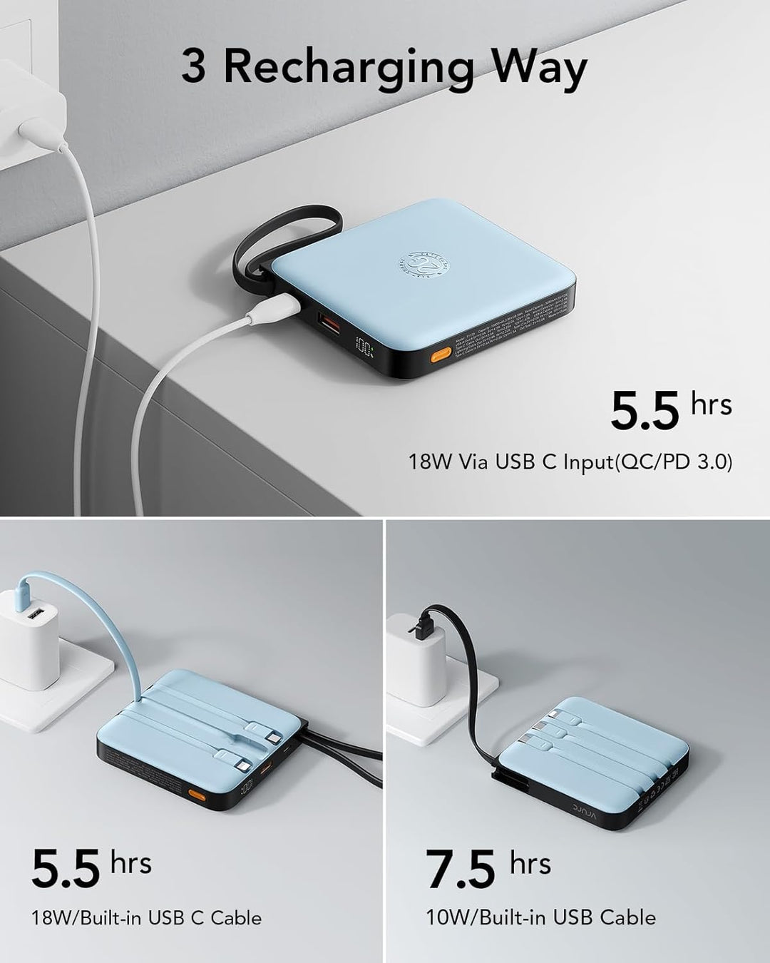 VRURC Power Bank 20000mAh mit Kabel Klein USB C Powerbank Schnelles Aufladen Mini Tragbares Ladegerä