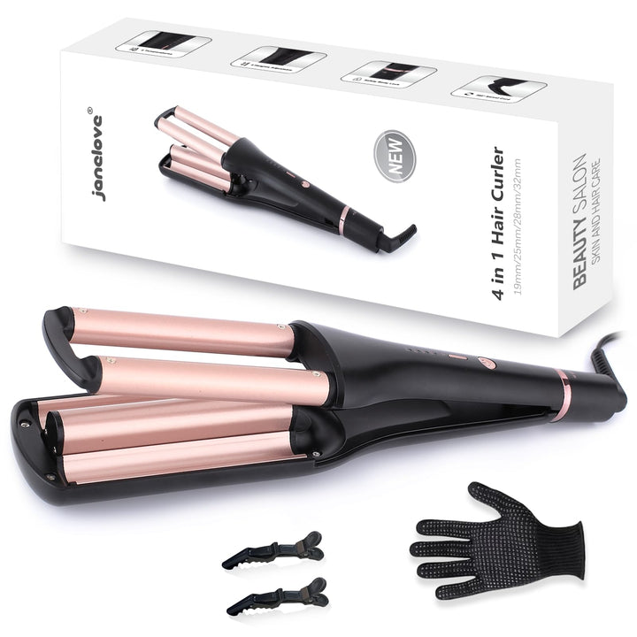 [19/25/28/32mm] Welleneisen für Haare - janelove 4-in-1 Lockenstab für Beach waves/Natürlich Wellen/