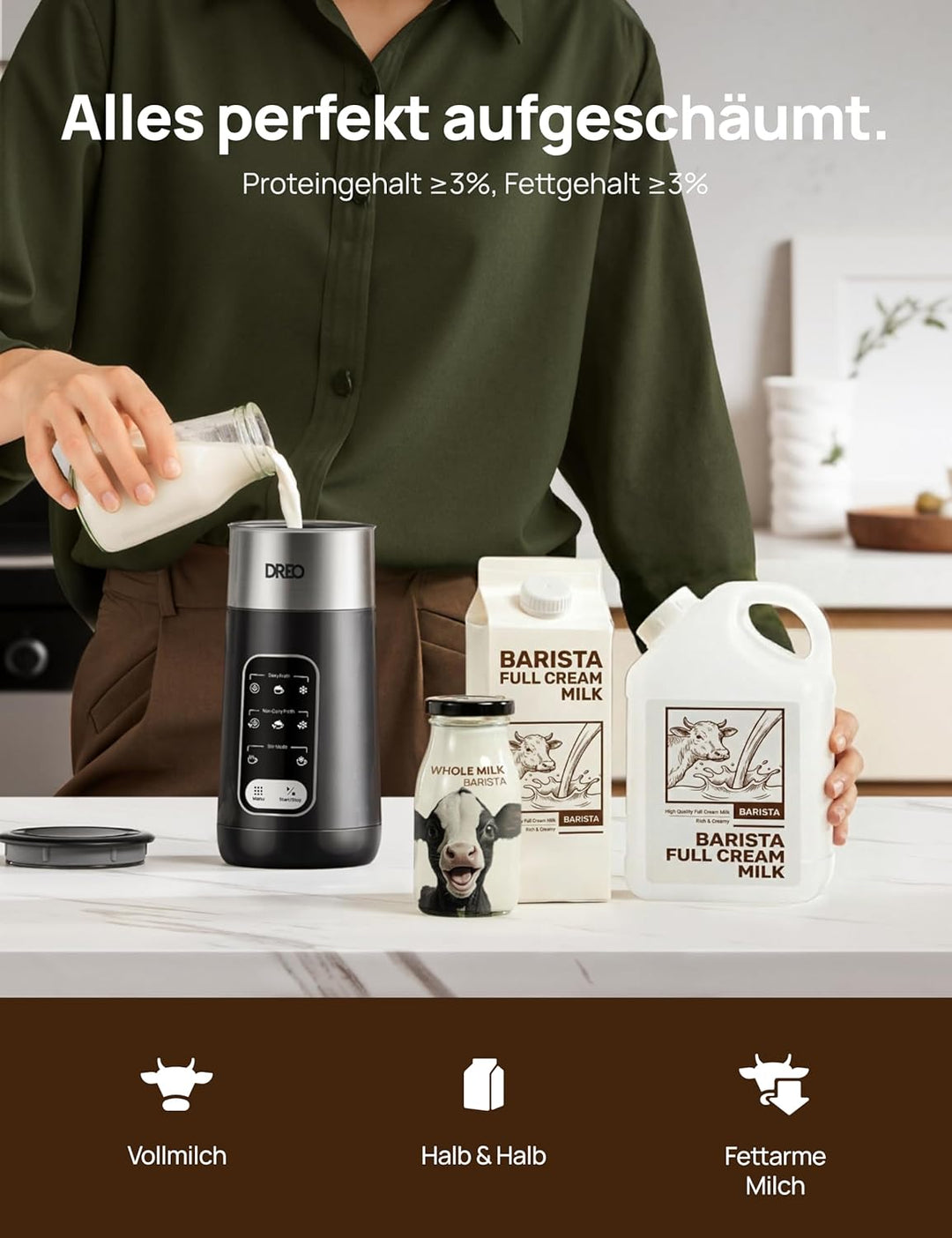 DREO Milchaufschäumer, 8-in-1 Elektrischer Milchschäumer für Latte, Cappuccino, Heisse Schokolade, 2