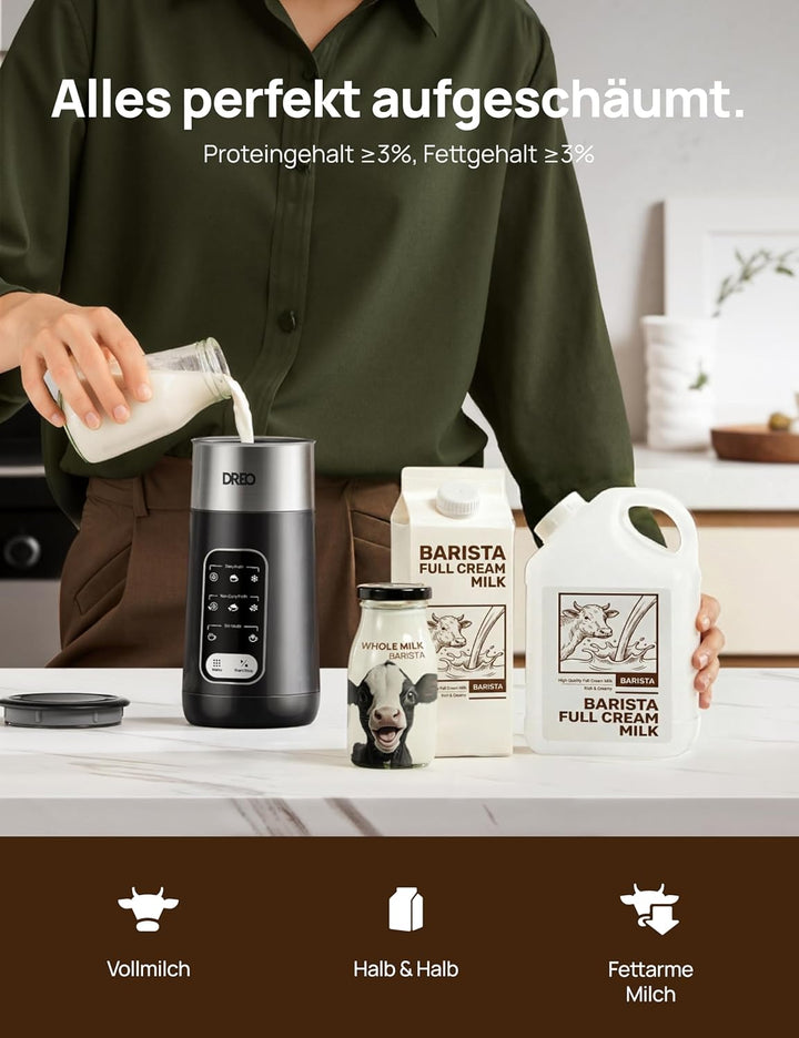 DREO Milchaufschäumer, 8-in-1 Elektrischer Milchschäumer für Latte, Cappuccino, Heisse Schokolade, 2