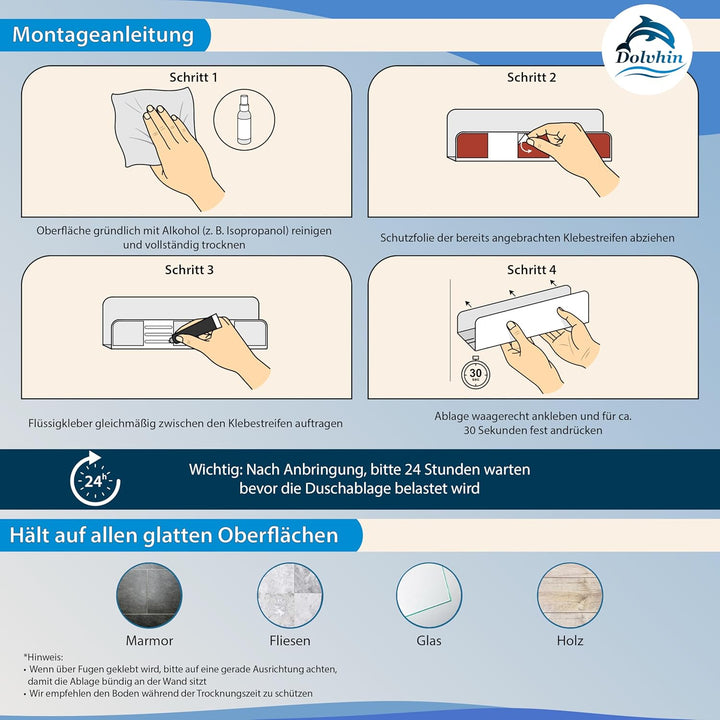 Duschablage ohne Bohren | Edelstahl Duschregal mit Ablaufrillen | Duschkorb zum Kleben | Badregal Se