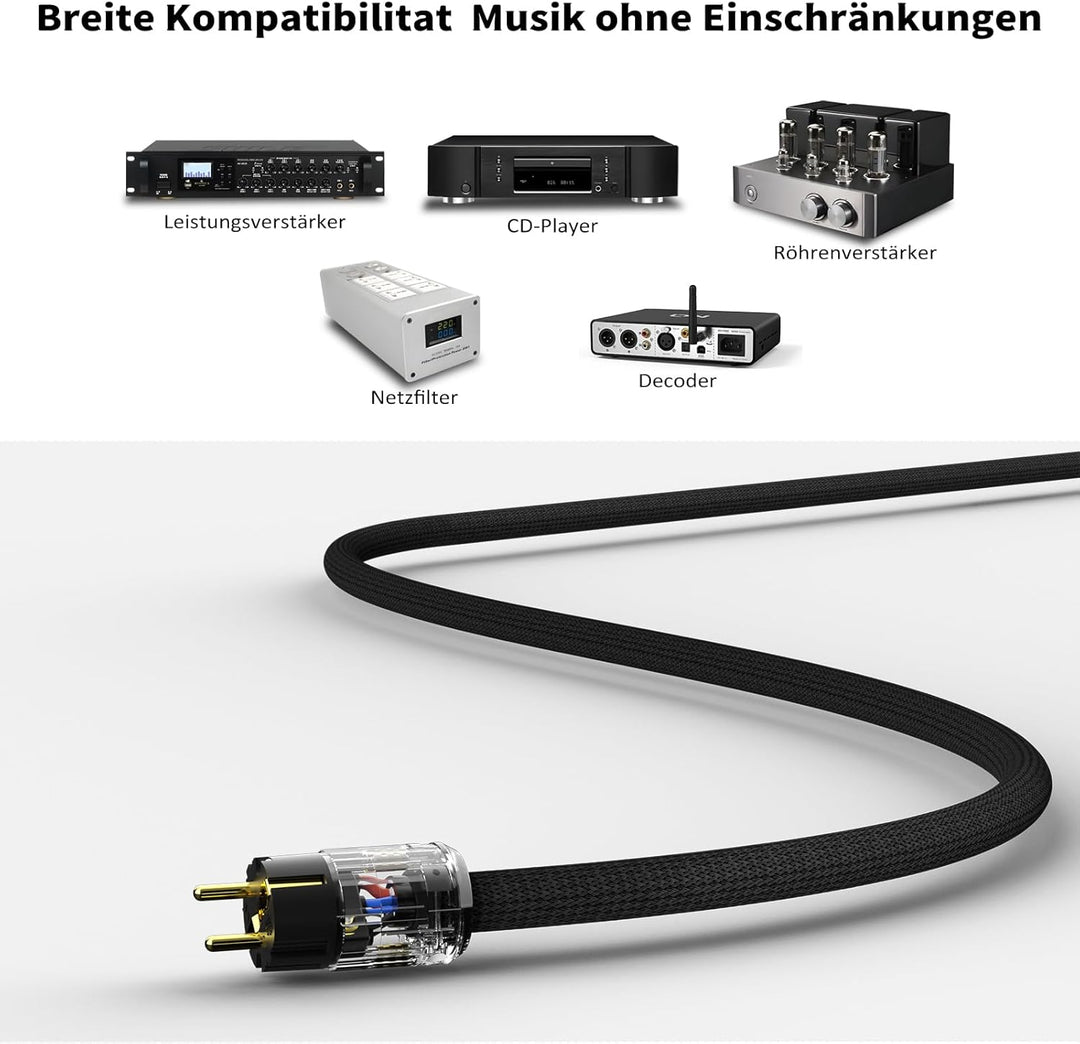 Monosaudio High End Netzkabel, 2M Audiophil Stromkabel OFC Kupferabschirmung, 2 polig AC HiFi Kaltge