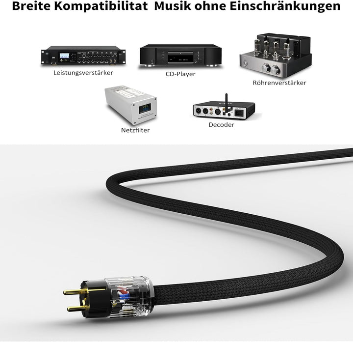 Monosaudio High End Netzkabel, 2M Audiophil Stromkabel OFC Kupferabschirmung, 2 polig AC HiFi Kaltge