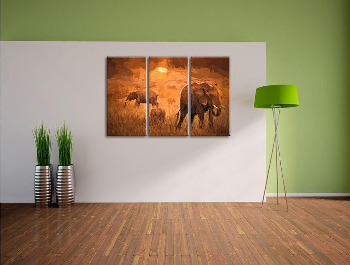 Pixxprint Elefanten in der Savanne als Leinwandbild/Grösse: 3 Teilig (120x80 cm) cm/Wandbild/Kunstdr