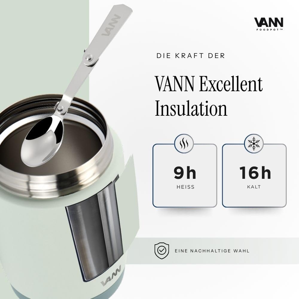 VANN Thermobecher für Essen 450 ml – Thermobehälter [16h kalt, 9h warm] – Recycelte Edelstahl Thermo