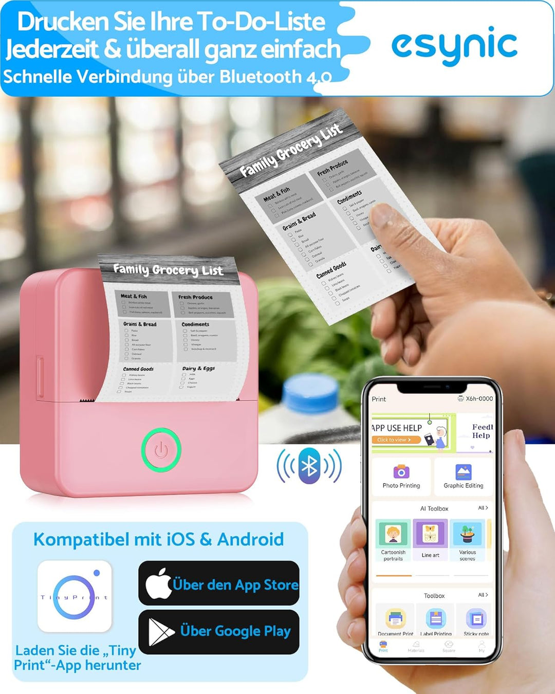 eSynic Mini Thermodrucker Tragbarer Bluetooth-Drucker für Fotos Notizen & Etiketten 200dpi Kompatibe
