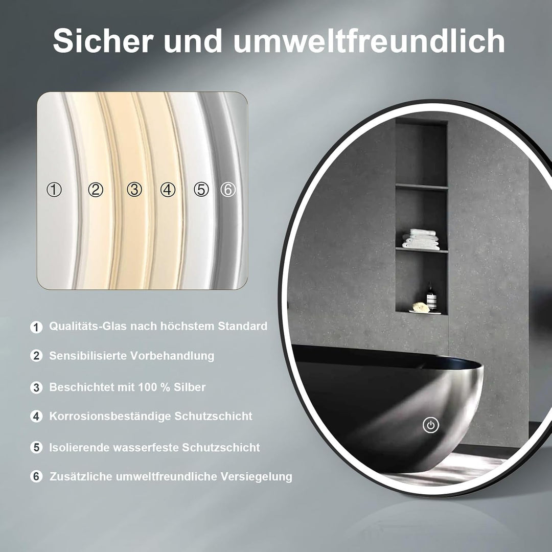 60cm Badspiegel mit Beleuchtung Rund Schwarz Metall, Badezimmer Runder Spiegel mit Licht, mit Touch-