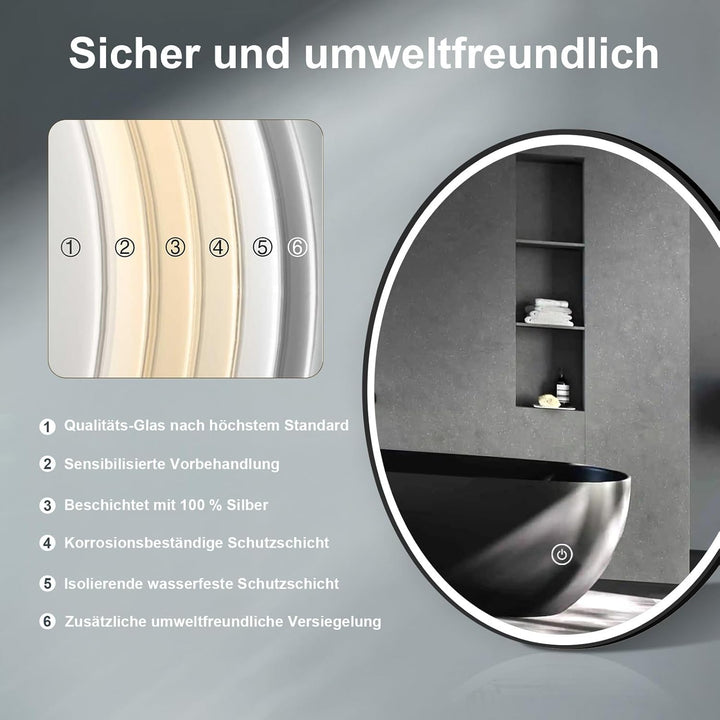 60cm Badspiegel mit Beleuchtung Rund Schwarz Metall, Badezimmer Runder Spiegel mit Licht, mit Touch-