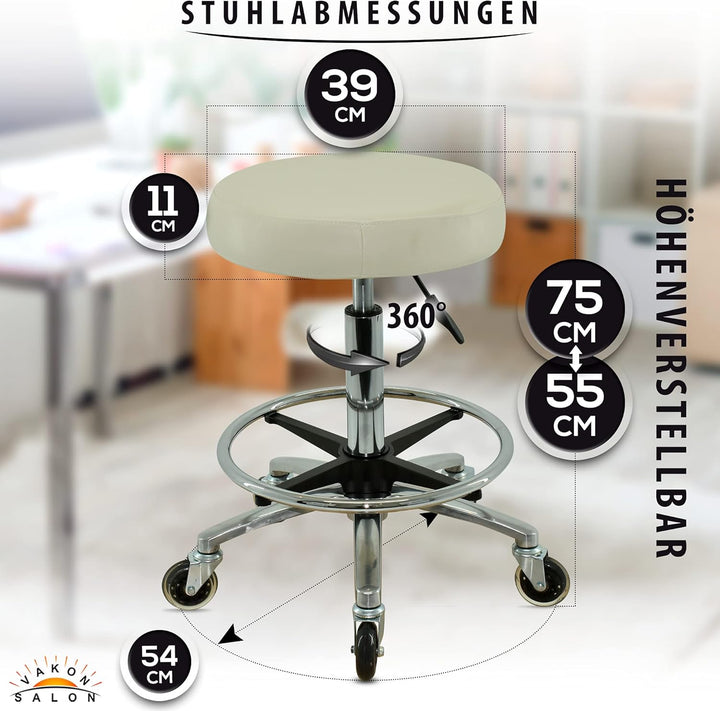 Premium Rollhocker weiss mit Fussring - Höhenverstellbar von 55-75 cm - Rundsitz Drehhocker Arbeitsh