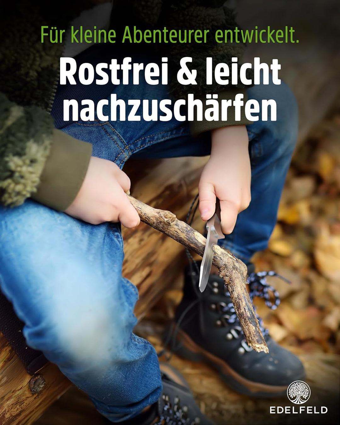 EDELFELD - Das Original - Schnitzmesser Kinder ab 6 Jahre - Sicheres Taschenmesser Kinder mit Finger