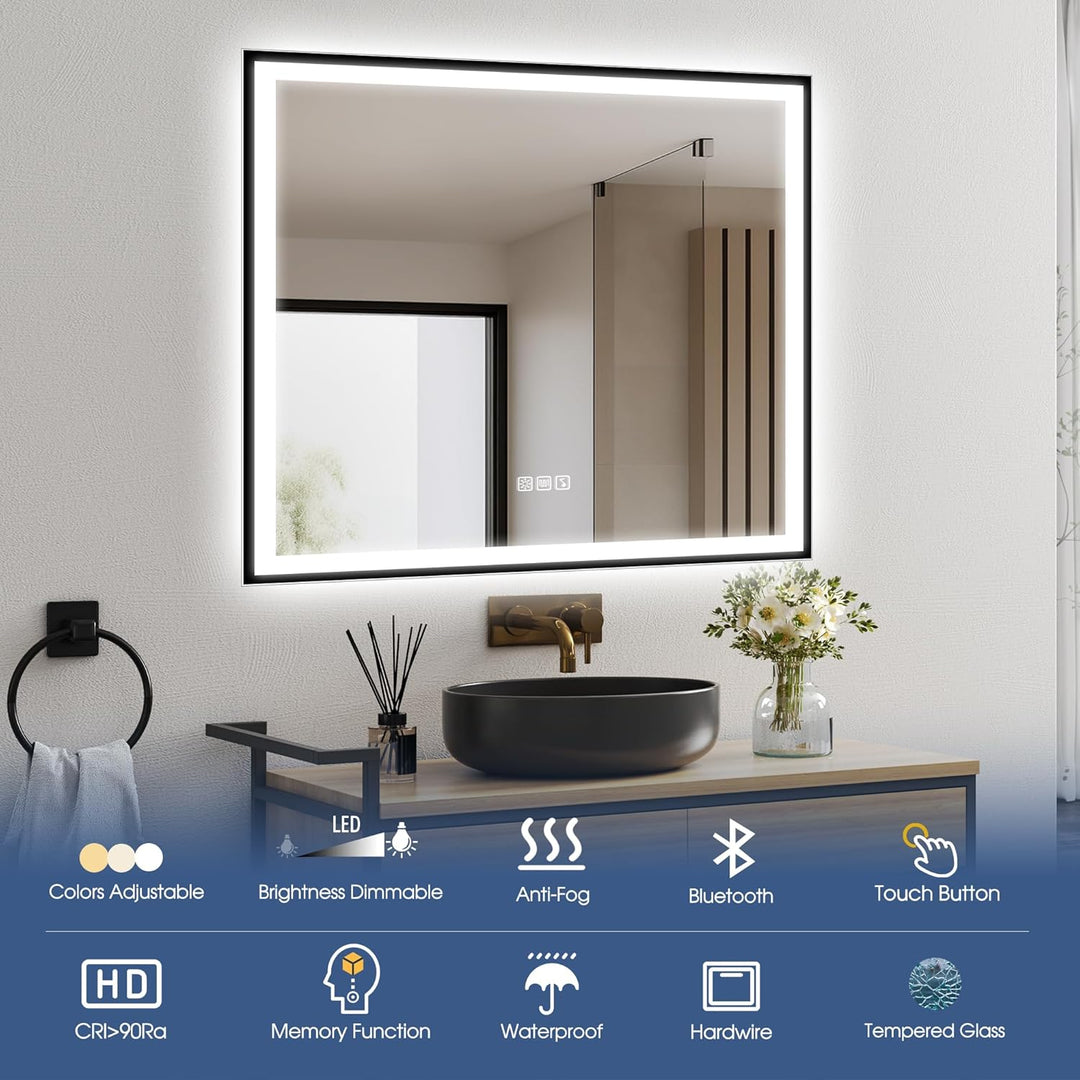 STARLEAD Badspiegel-mit-Beleuchtung 80x80 cm, LED-Spiegel-Bad-mit Bluetooth, Entfoggen, IP44 Badezim