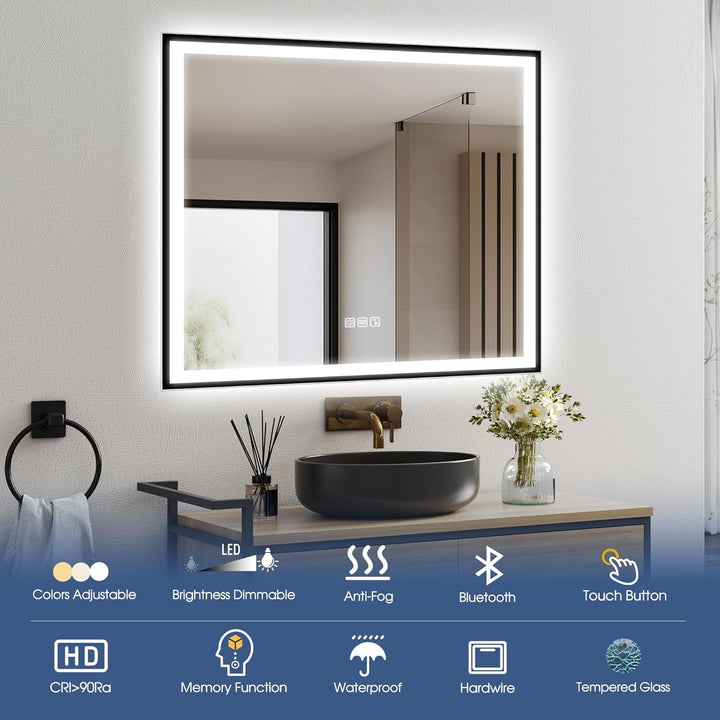 STARLEAD Badspiegel-mit-Beleuchtung 80x80 cm, LED-Spiegel-Bad-mit Bluetooth, Entfoggen, IP44 Badezim
