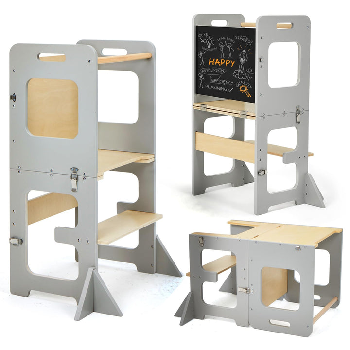 labebe Lernturm für Kinder, Montessori Learning Tower mit Tafel, Multifunktion 3 in 1 Faltbarer Lern