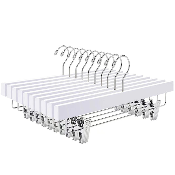 Amber Home 10 Stück 35,5cm Weiss Kleiderbügel aus Holz, Robust und Glänzend Hosenbügel Aufhänger für