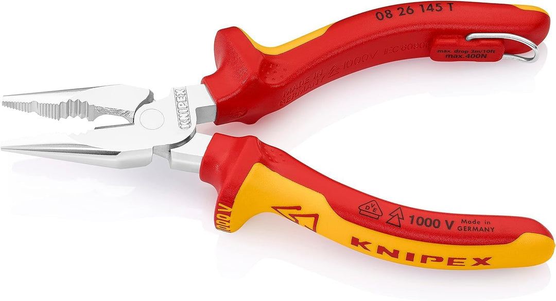Knipex Spitz-Kombizange verchromt, isoliert mit Mehrkomponenten-Hüllen, VDE-geprüft; mit Befestigung