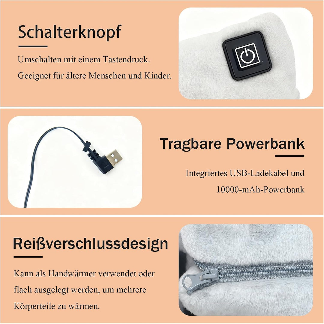 Handwärmer Elektrisch, Beheizbare Handschuhe mit 10000mAh Akku, Taschenwärmer wiederverwendbar 3 Hei