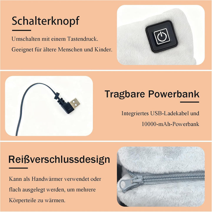 Handwärmer Elektrisch, Beheizbare Handschuhe mit 10000mAh Akku, Taschenwärmer wiederverwendbar 3 Hei