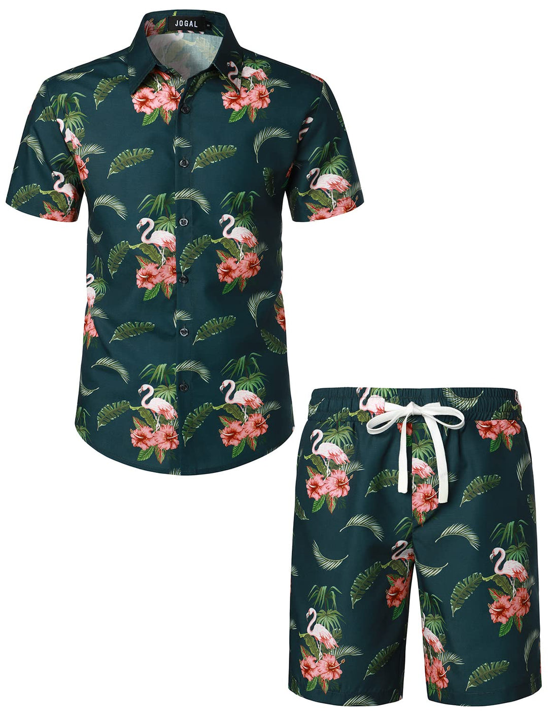 JOGAL Herren Hawaii Hemd Männer Flamingo Kurzarmhemd und Kurze Hose Set Strand Outfit Sommerhemd Für