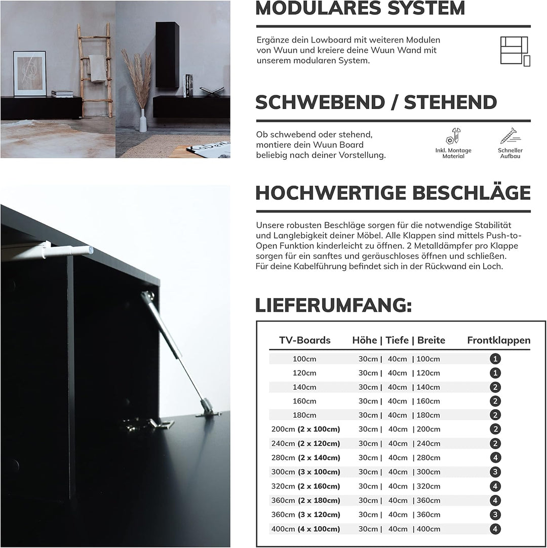 Wuun® TV-Lowboard Somero I 100cm bis 360cm I TV-Schrank &amp; Hängeschrank für Wohnzimmer I Verschiedene