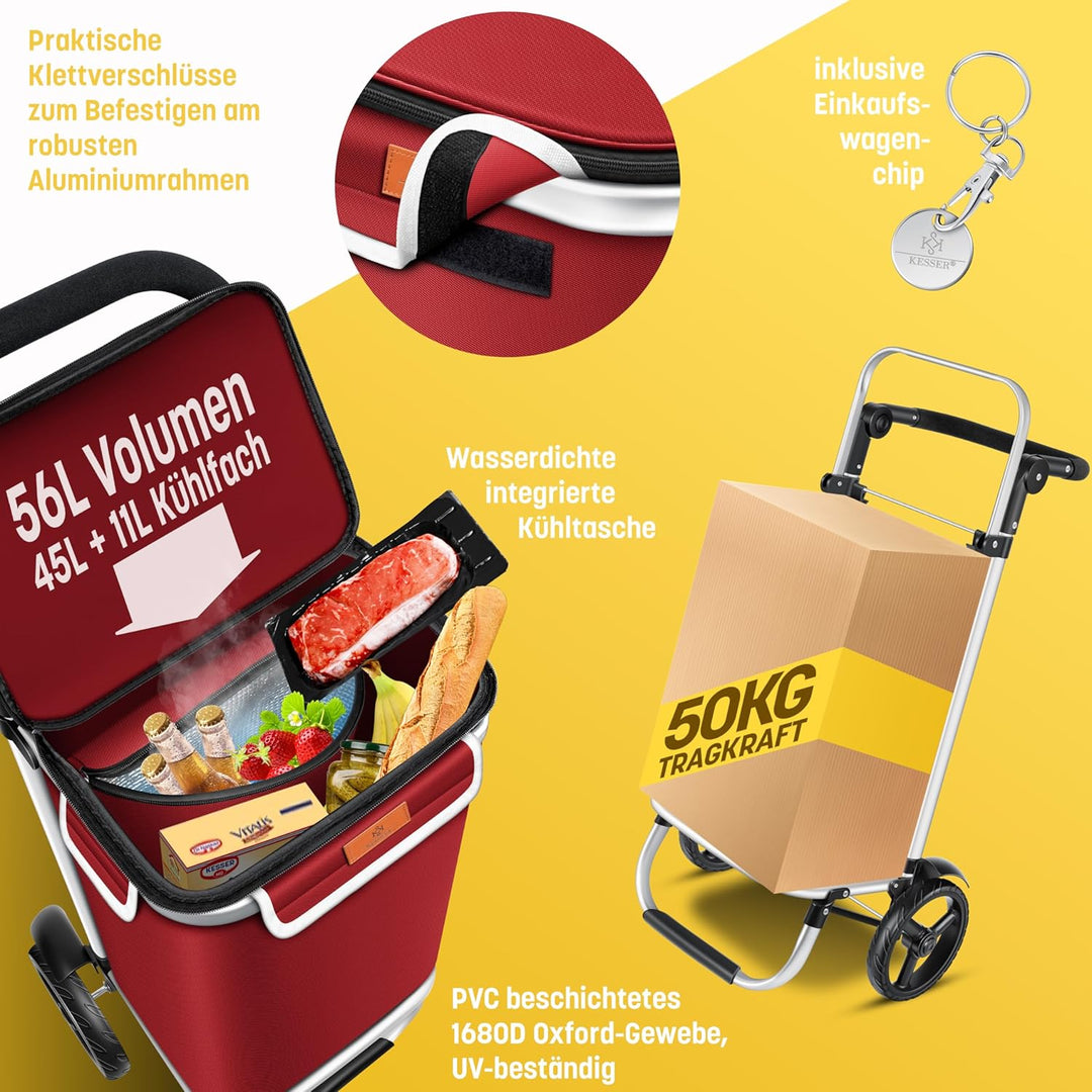 KESSER® Einkaufstrolley klappbar mit 56L Kapazität und belastbar bis 50kg | 3in1 Trolley Sackkarre &